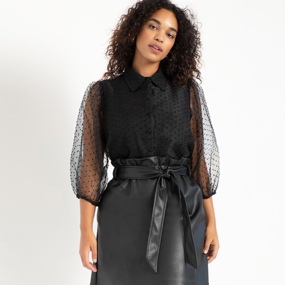 Eloquii Swiss Dot Puff Sleeve Black Top Size 20 - Picture 2 of 3